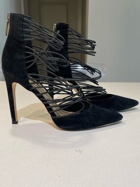 BCBGeneration Black Strappy Suede Pointed-Toe Stiletto Heels